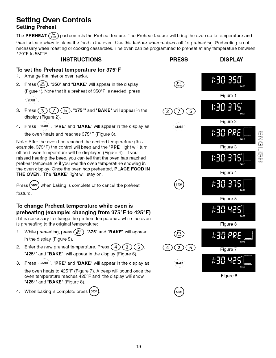 Instructions press display, To set the preheat temperature for 375°f, 130 pi?e | 130 ppe, I-30 h35 l, Setting oven controls | Kenmore 790.75603 User Manual | Page 19 / 46