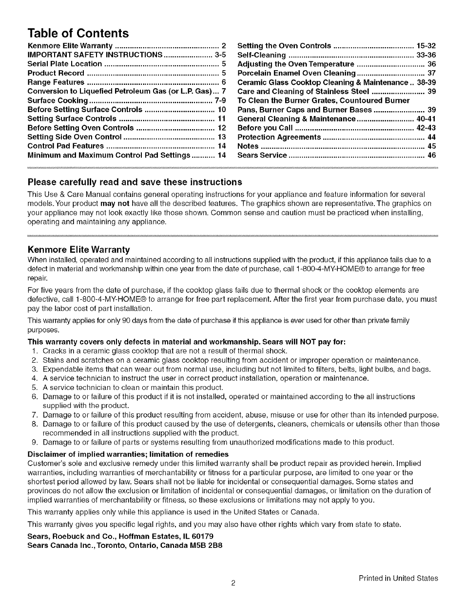 Kenmore 790.75603 User Manual | Page 2 / 46