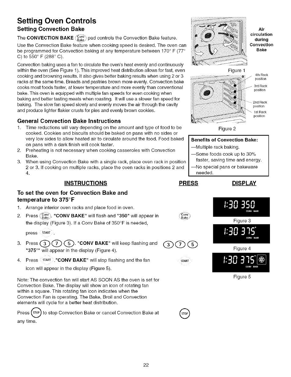 General convection bake instructions, Instructions press, Display | I ■ ^ г} "1c, I 350, Setting oven controls | Kenmore 790.75603 User Manual | Page 22 / 46