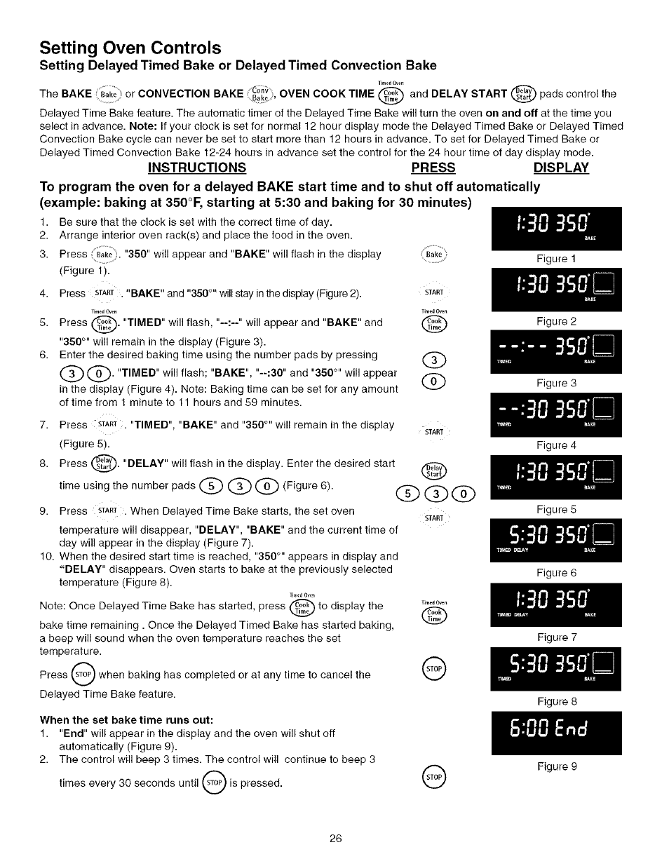 Oven cook time, Instructions press display, 3u 33(j | When the set bake time runs out, I'3u 350, Cd cd, Setting oven controls | Kenmore 790.75603 User Manual | Page 26 / 46
