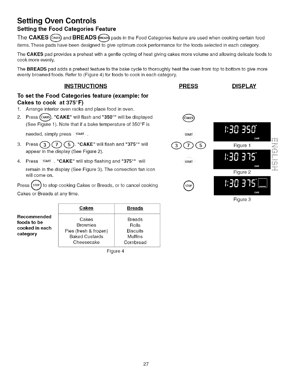 Setting oven controls, Setting the food categories feature, Display | Setting the oven controls -32, T) cz) cd | Kenmore 790.75603 User Manual | Page 27 / 46