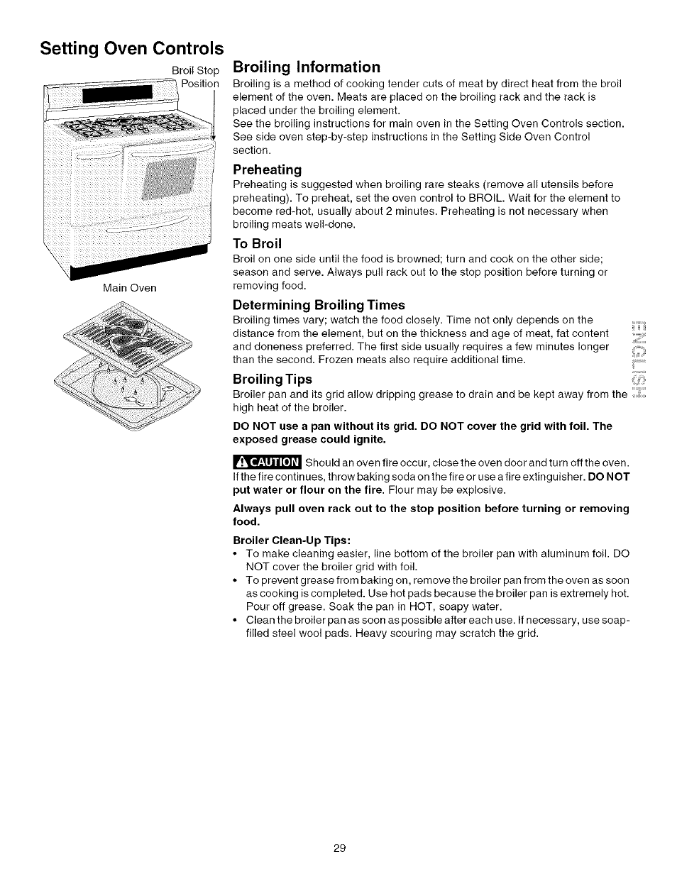 Broiling information, Preheating, To broil | Determining broiling times, Broiling tips, Setting oven controls | Kenmore 790.75603 User Manual | Page 29 / 46