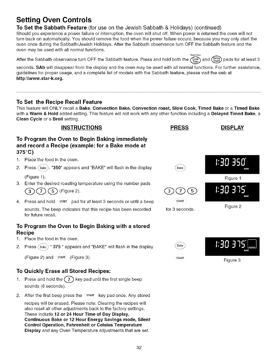 Setting oven controls, To set the recipe recall feature, Instructions | Press, Display, On dcn, Ju jju, To quickly erase all stored recipes, 30 d ”mi l-lu 3 tj, L'3u 315 | Kenmore 790.75603 User Manual | Page 32 / 46