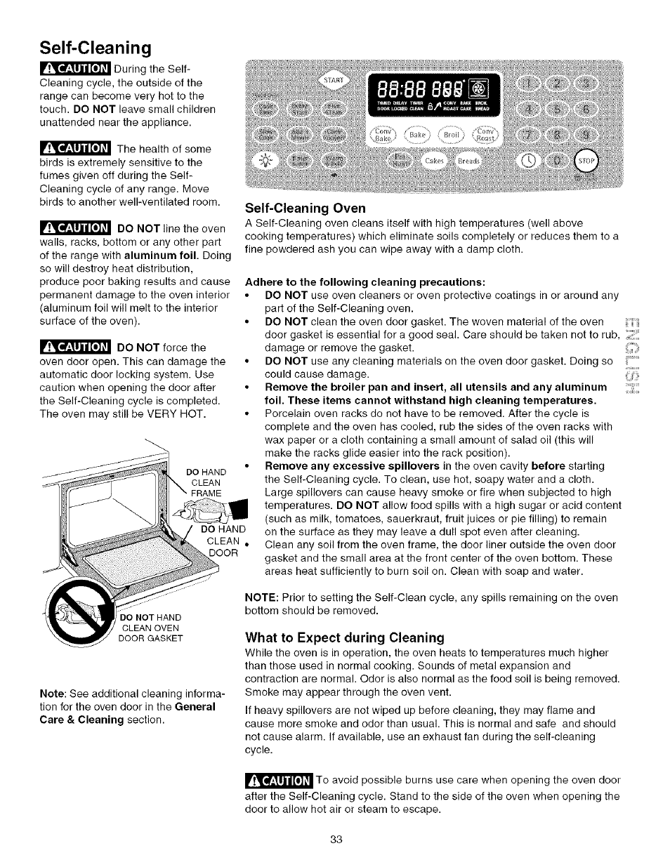 Self-cleaning oven, Adhere to the following cleaning precautions, What to expect during cleaning | Self-cleaning -36, 8@:8b, Self-cleaning | Kenmore 790.75603 User Manual | Page 33 / 46