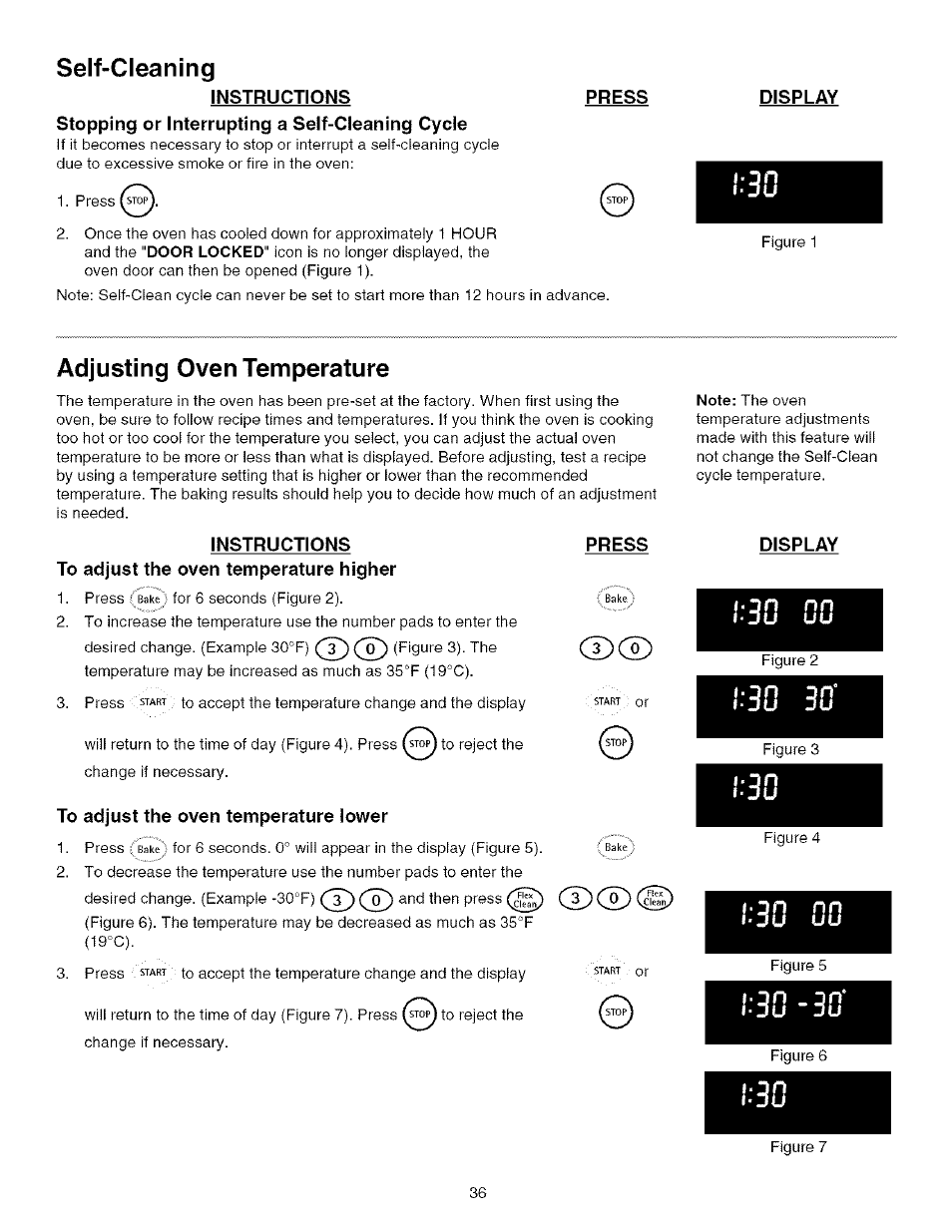 Instructions, Stopping or interrupting a self-cleaning cycle, Adjusting oven temperature | To adjust the oven temperature higher, To adjust the oven temperature lower, Press, Display, Adjusting the oven temperature, Self-cleaning | Kenmore 790.75603 User Manual | Page 36 / 46