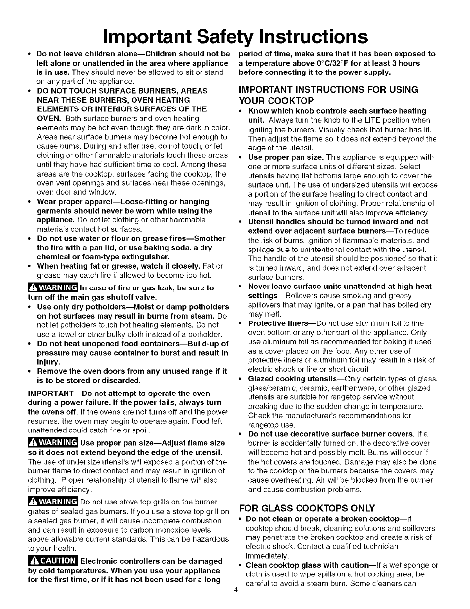 Important instructions for using your cooktop, For glass cooktops only, Important safety instructions | Kenmore 790.75603 User Manual | Page 4 / 46