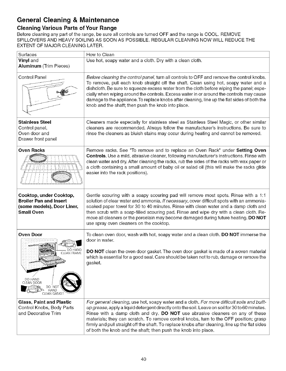 General cleaning & maintenance, Cleaning various parts of your range, General cleaning & maintenance -41 | Kenmore 790.75603 User Manual | Page 40 / 46