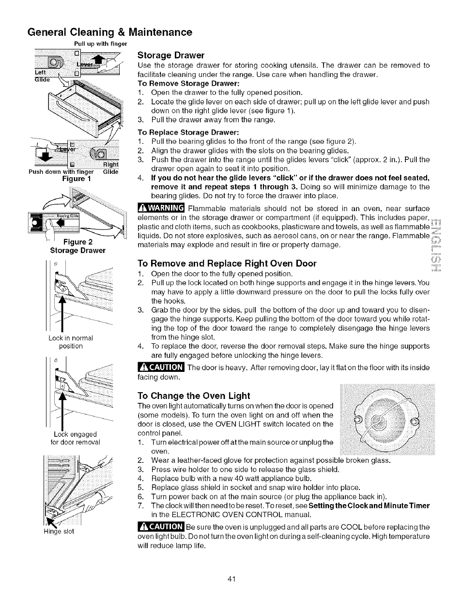 General cleaning & maintenance, Storage drawer, To remove and replace right oven door | To change the oven light | Kenmore 790.75603 User Manual | Page 41 / 46