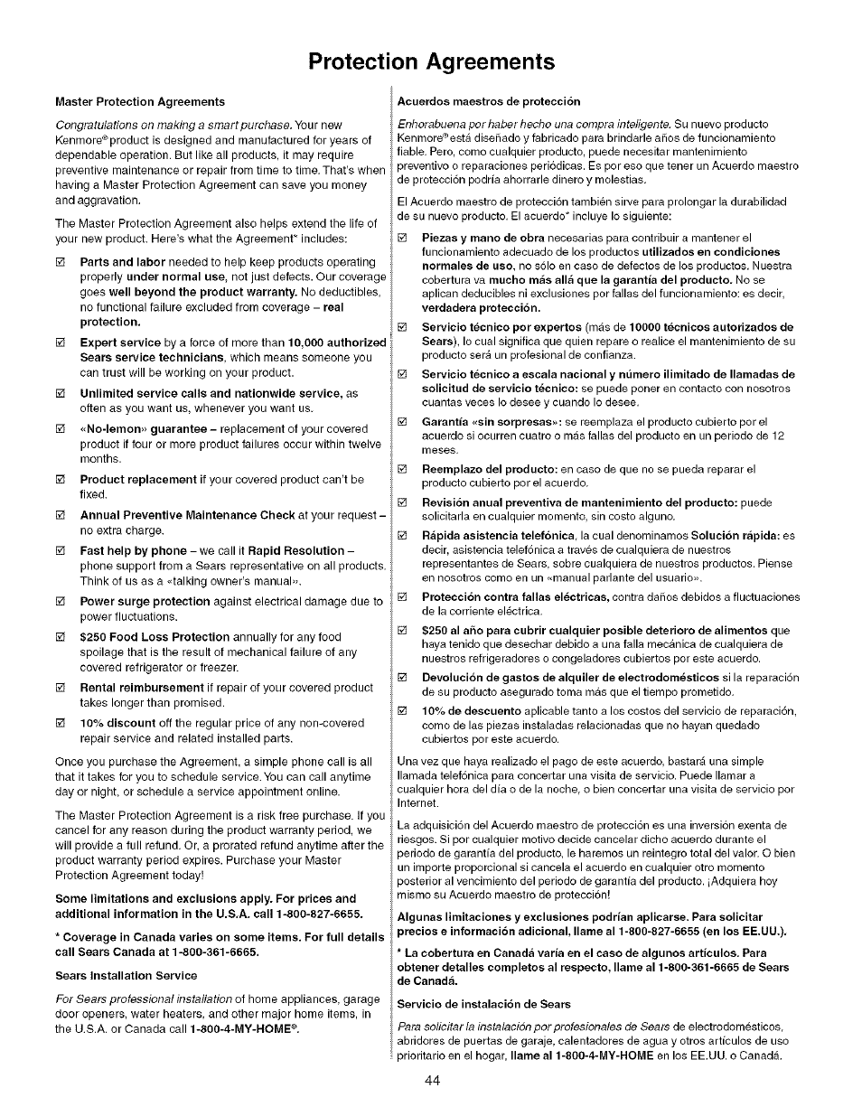 Protection agreements | Kenmore 790.75603 User Manual | Page 44 / 46