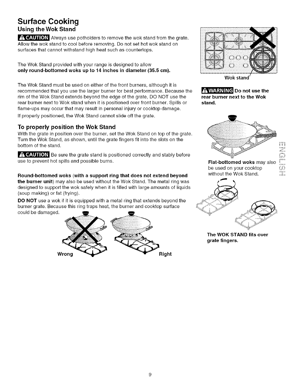 Surface cooking, Using the wok stand, To properly position the wok stand | Kenmore 790.75603 User Manual | Page 9 / 46