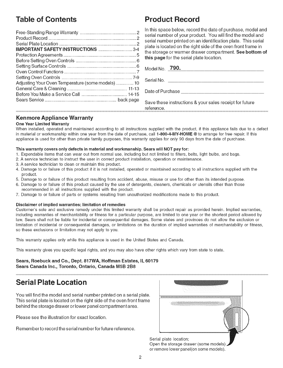 Serial, Table of contents product record, Plate location | Kenmore 790.9081 User Manual | Page 2 / 16