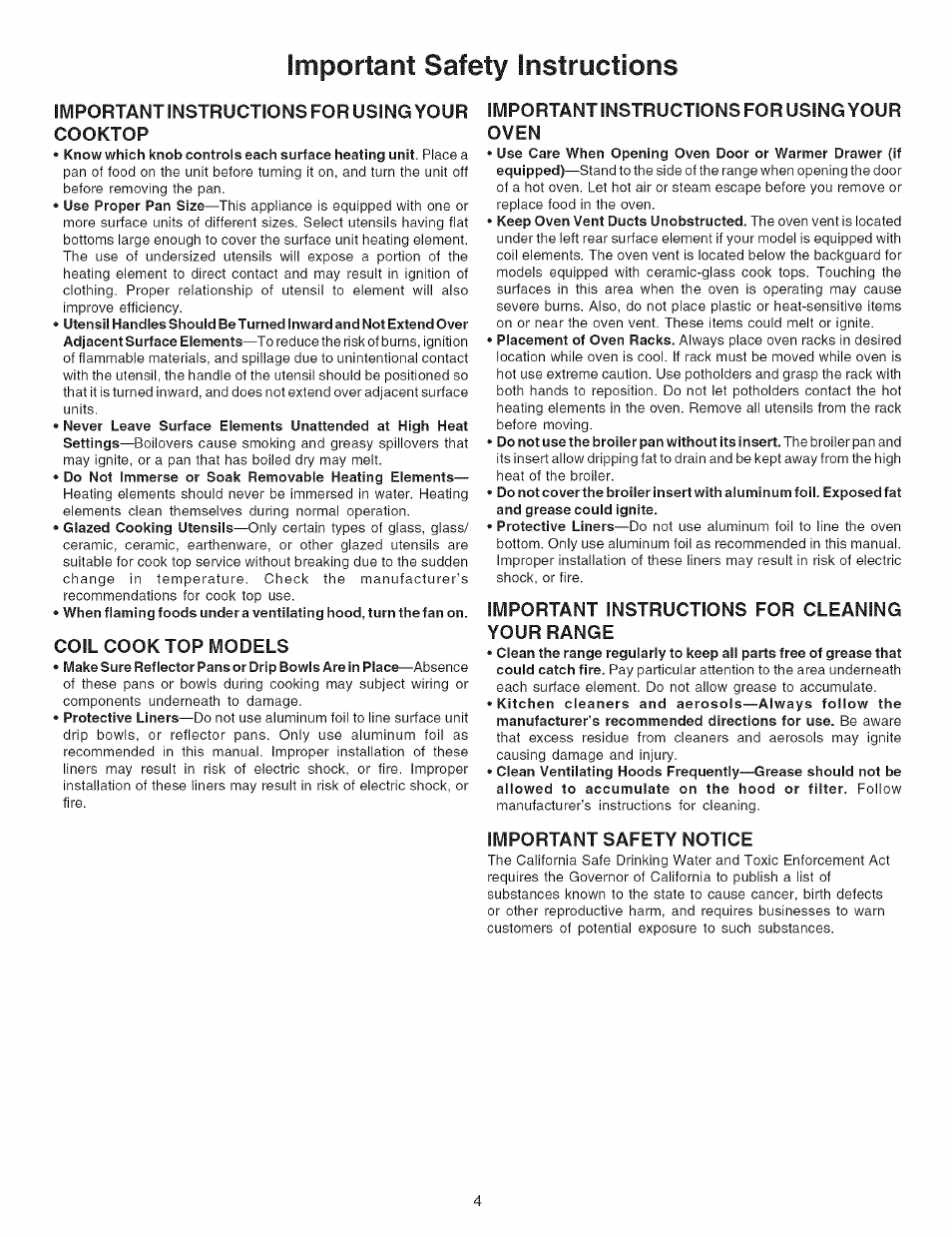 Important instructions for using your, Coil cook top models, Important instructions for usingyour oven | Important instructions for cleaning your range, Important safety notice, Important safety instructions, Cooktop | Kenmore 790.9081 User Manual | Page 4 / 16