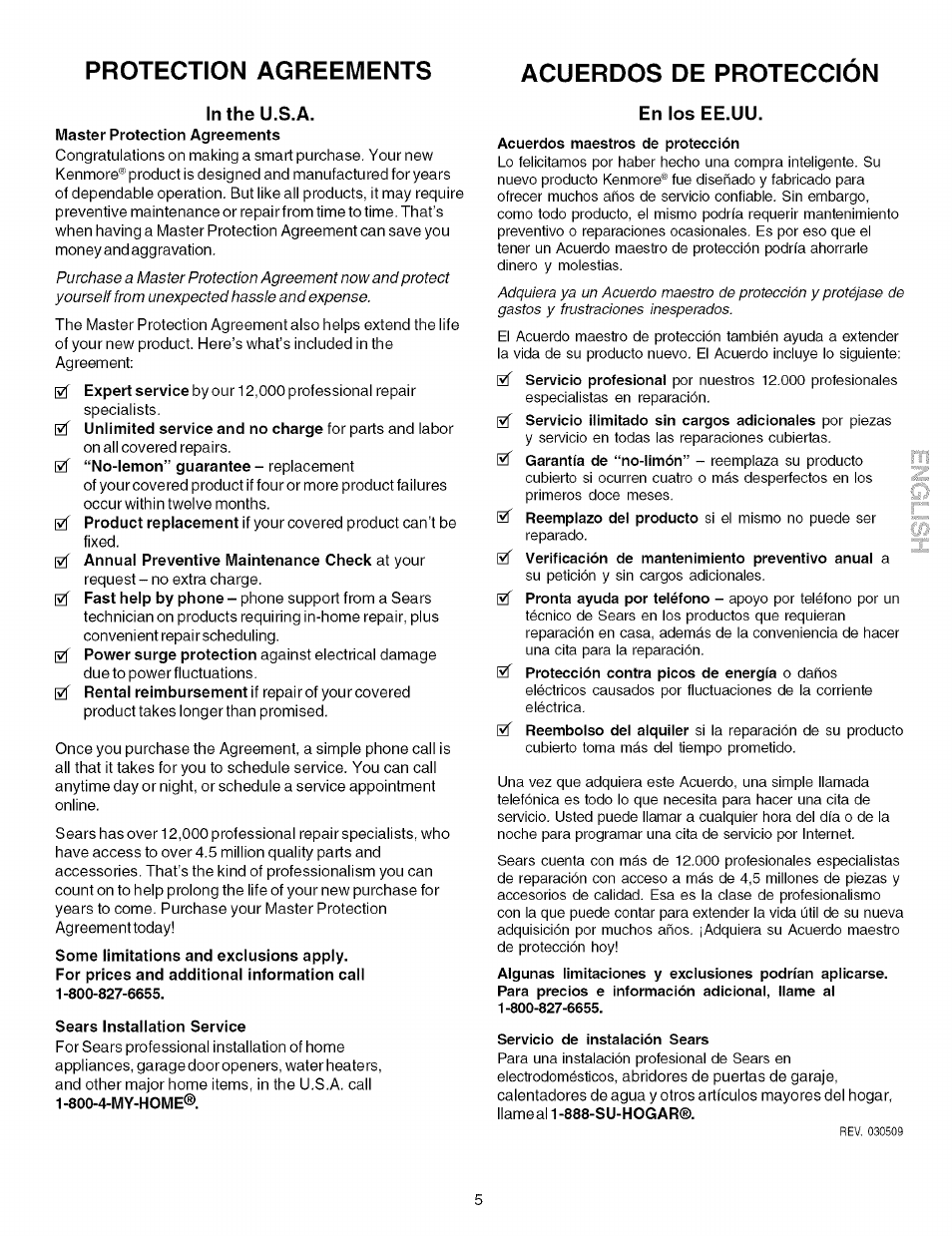 Intheu.s.a, Sears installation service, En los ee.uu | 0f protección contra picos de energía o daños, Servicio de instalación sears, Protection agreements acuerdos de proteccion | Kenmore 790.9081 User Manual | Page 5 / 16