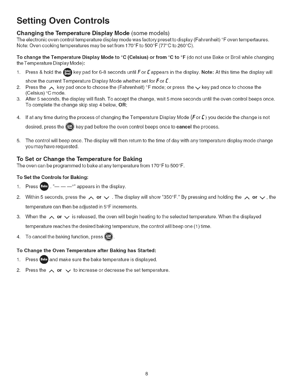 To set the controls for baking, Setting oven controls | Kenmore 790.9081 User Manual | Page 8 / 16