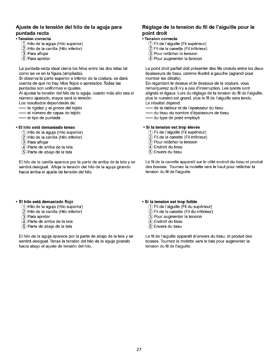 El hilo está demasiado tenso, Si la tension est trop élevée, Ei hilo está demasiado flojo | Si la tension est trop faible, El hilo está demasiado flojo | Kenmore 385.15516 User Manual | Page 35 / 85