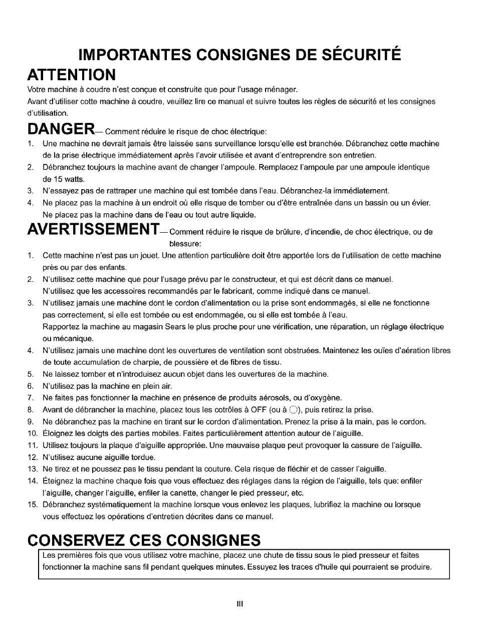 Importantes consignes de securite attention, Conservez ces consignes, Avertissement | Kenmore 385.15516 User Manual | Page 4 / 85