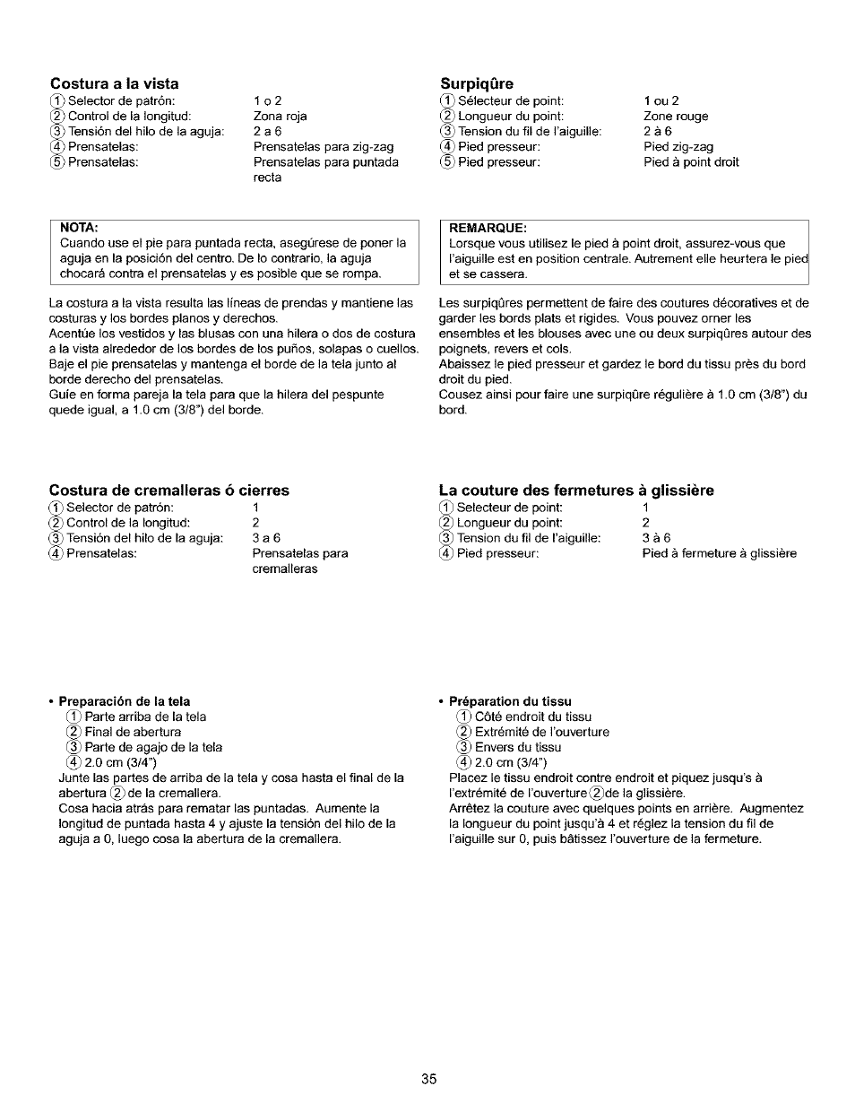 Costura a la vista, Surpiqûre, Nota | Preparación de ia tela, Préparation du tissu, Preparación de la tela, Préparacion du tissu | Kenmore 385.15516 User Manual | Page 43 / 85