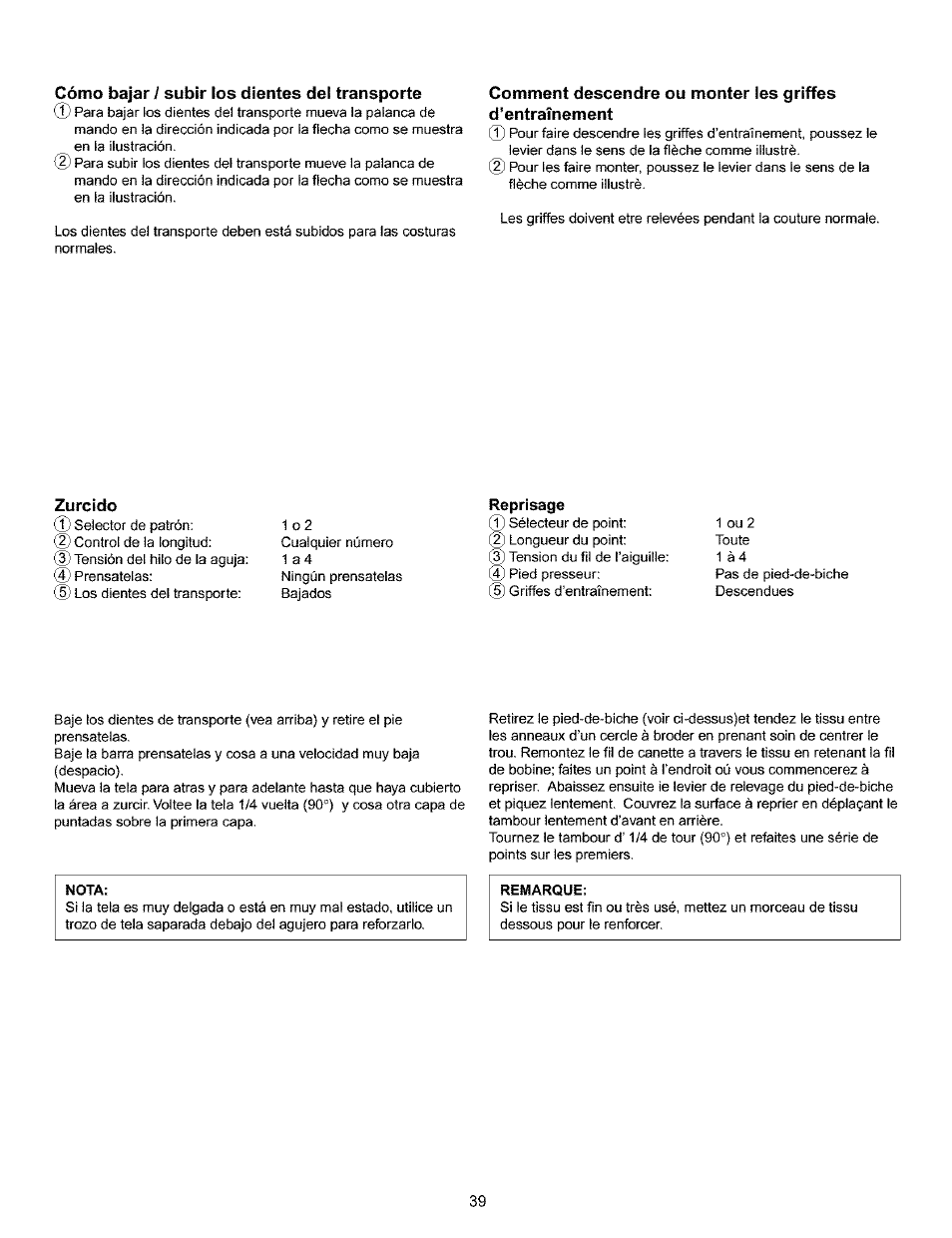 Cómo bajar / subir los dientes del transporte, Zurcido, Reprisage | Kenmore 385.15516 User Manual | Page 47 / 85