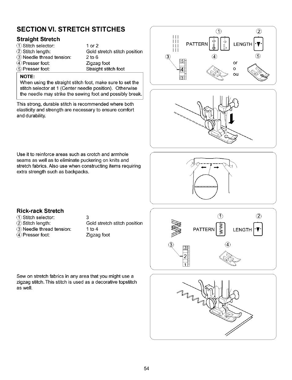 Section vi. stretch stitches, Straight stretch, Rick-rack stretch | Straight stretch rick-rack stretch | Kenmore 385.15516 User Manual | Page 62 / 85