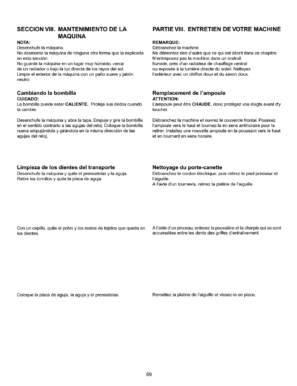 Seccion viii. mantenimiento de la maquina, Partie viii. entretien de votre machine, Cambiando la bombilla | Remplacement de l’ampoule, Limpieza de los dientes del transporte, Nettoyage du porte-canette | Kenmore 385.15516 User Manual | Page 77 / 85