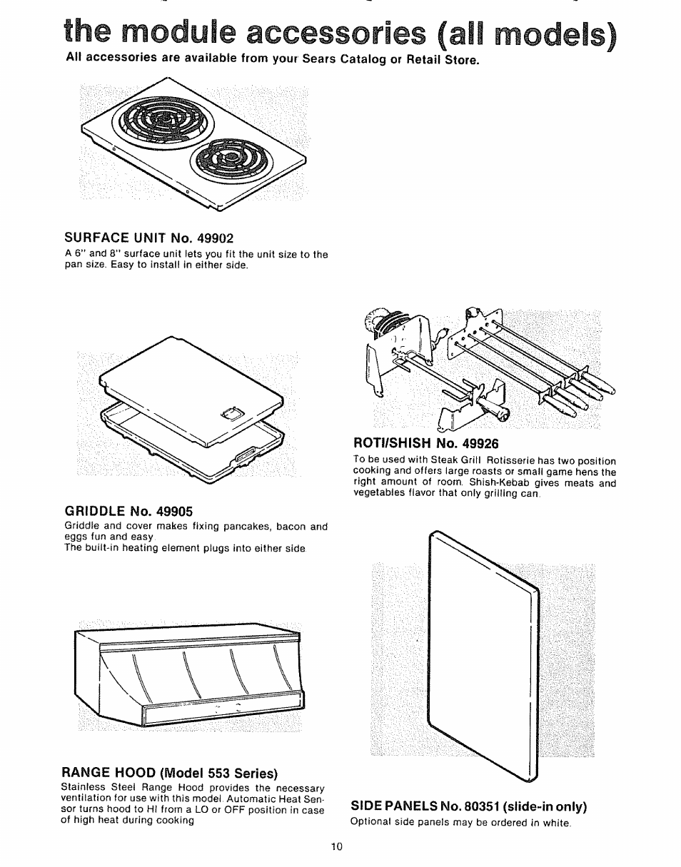 The module accessories (all models), Surface unit no. 49902, Griddle no. 49905 | Range hood (model 553 series), Side panels no. 80351 (slide-in only), The module accessories, Models) | Kenmore Kitchen Grill User Manual | Page 10 / 32