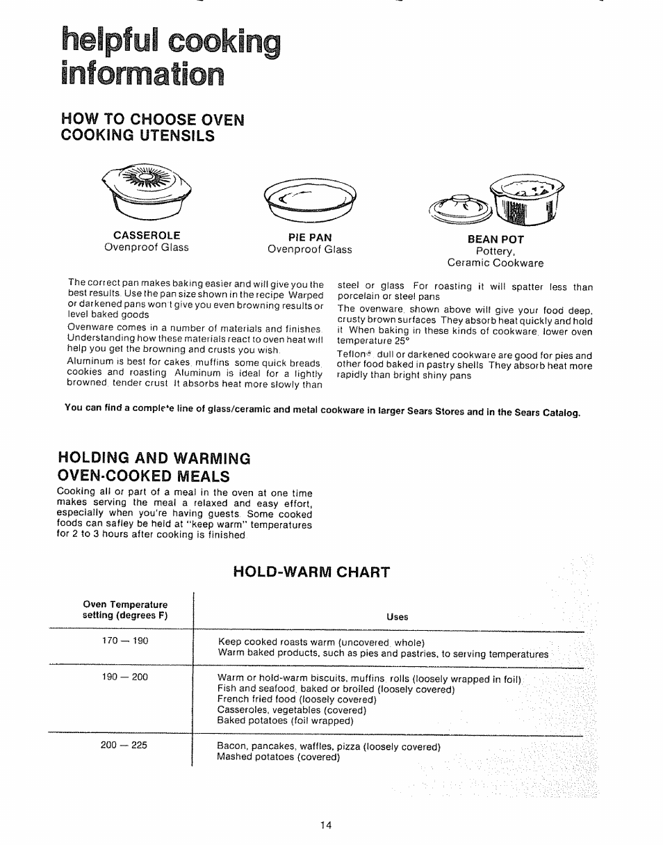 Casserole, Pie pan, Bean pot | Helpful cooking, Information, How to choose oven cooking utensils, Holding and warming oven-cooked meals, Hold-warm chart | Kenmore Kitchen Grill User Manual | Page 14 / 32