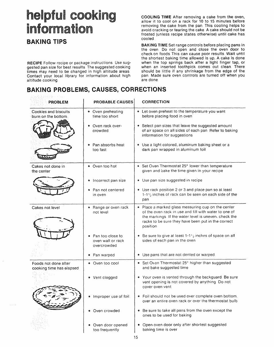 Baking tips, Helpful cooking information, Baking problems, causes, corrections | Kenmore Kitchen Grill User Manual | Page 15 / 32