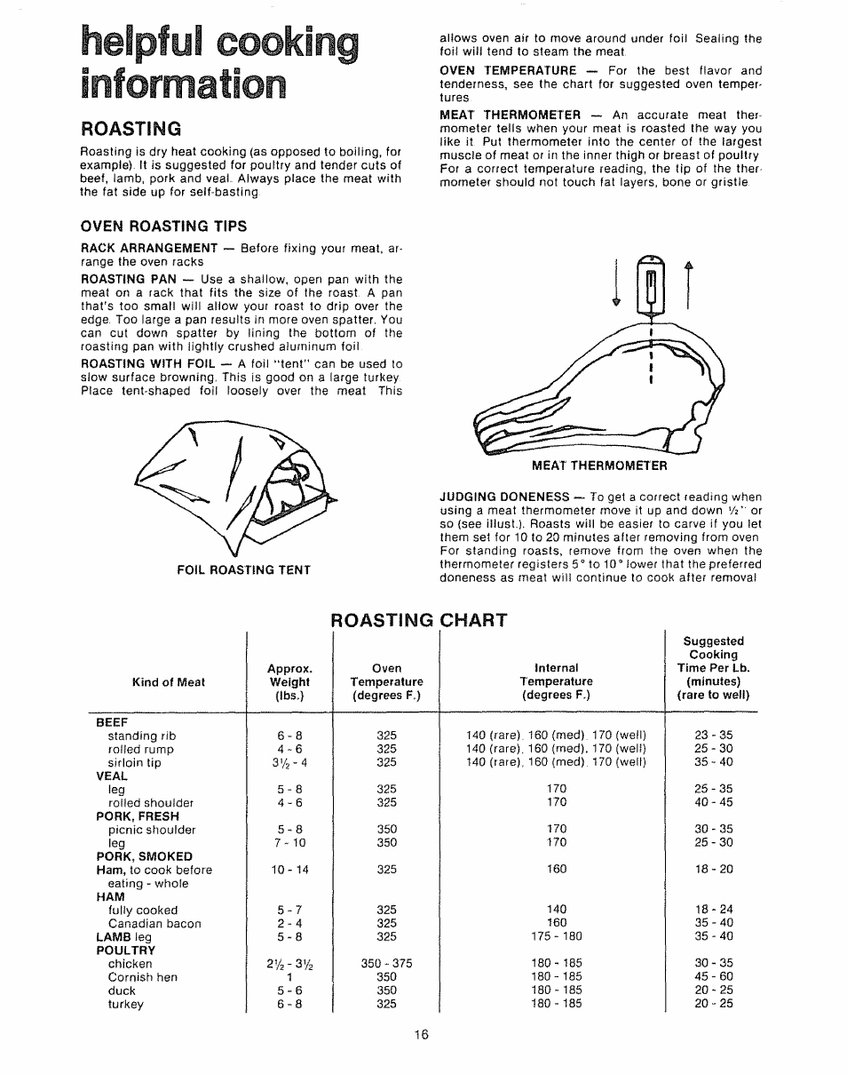 Oven roasting tips, Helpful cooking, Roasting | Roasting chart | Kenmore Kitchen Grill User Manual | Page 16 / 32
