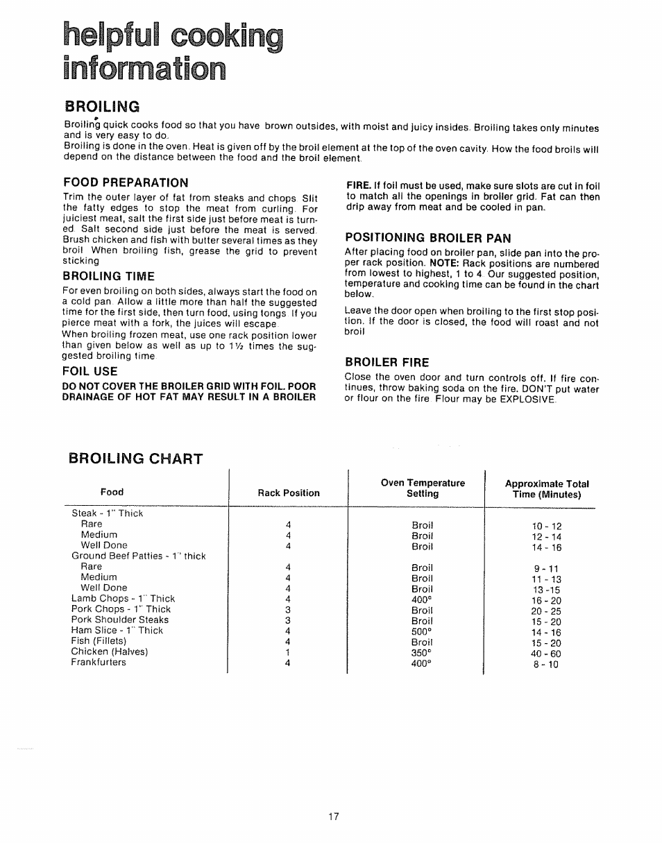 Food preparation, Broiling time, Foil use | Positioning broiler pan, Broiler fire, Helpful eooking information, Broiling, Broiling chart | Kenmore Kitchen Grill User Manual | Page 17 / 32