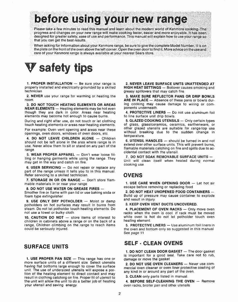 Before using your new range, V safety tips, Surface units | Self ■ clean ovens, Ovens | Kenmore Kitchen Grill User Manual | Page 2 / 32