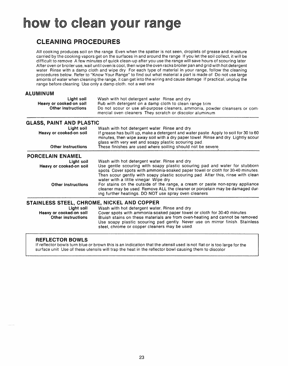 How t@ clean y©yr range, Glass, paint and plastic, Stainless steel, chrome, nickel and copper | Reflector bowls, How to clean your range, T@ clean y©yr range, Cleaning procedures | Kenmore Kitchen Grill User Manual | Page 23 / 32