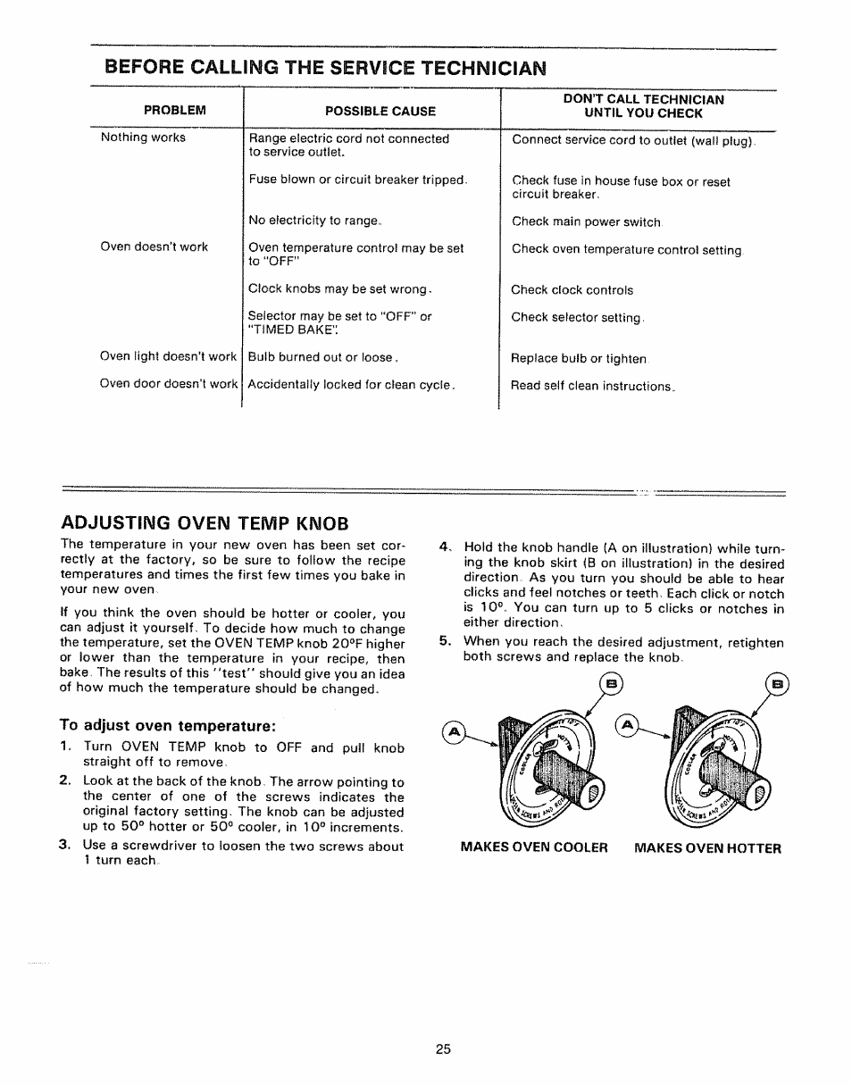 Adjusting oven temp knob, To adjust oven temperature, Before calling the service technician | Kenmore Kitchen Grill User Manual | Page 25 / 32