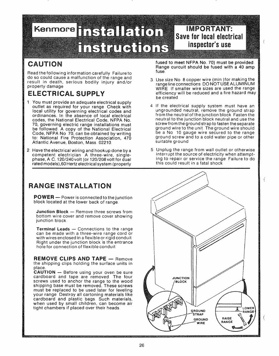 Kenmope, Supply, Caution | Electrical, Range installation | Kenmore Kitchen Grill User Manual | Page 26 / 32