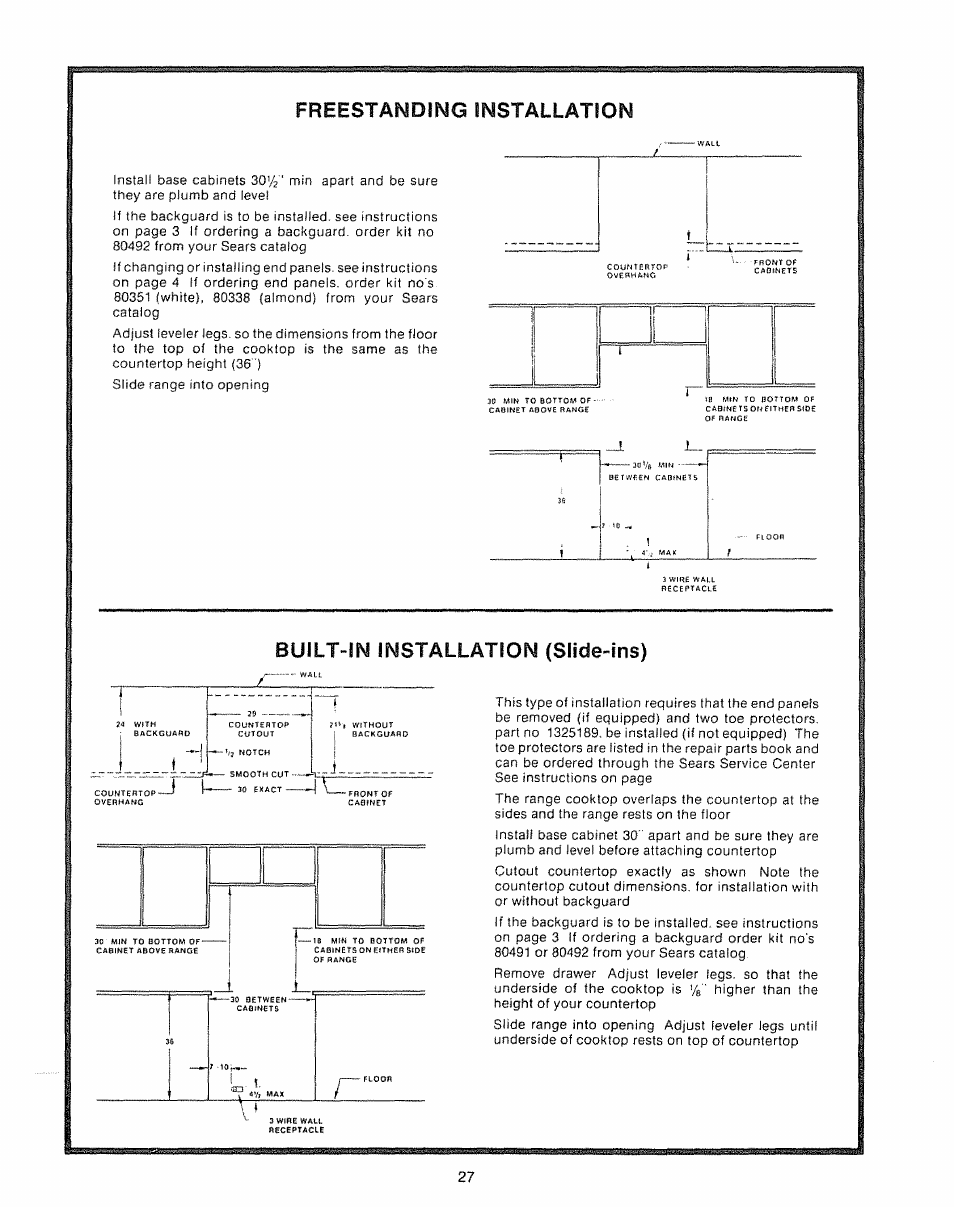 Freestandtng installation, Built-in installation (slide-ins), Kill | Kenmore Kitchen Grill User Manual | Page 27 / 32