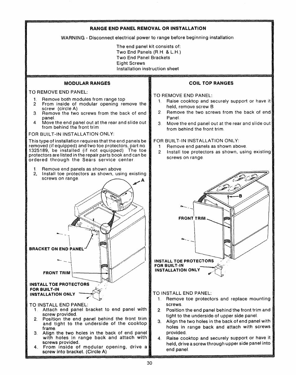 Range end panel removal or installation, Modular ranges, Coil top ranges | Kenmore Kitchen Grill User Manual | Page 30 / 32