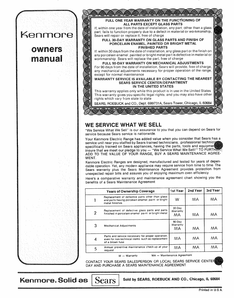 Sold by sears, roebuck and co., chicago, tl 60684, Kenmore owners manual, Kenmore, solid as | We service what we sell | Kenmore Kitchen Grill User Manual | Page 32 / 32