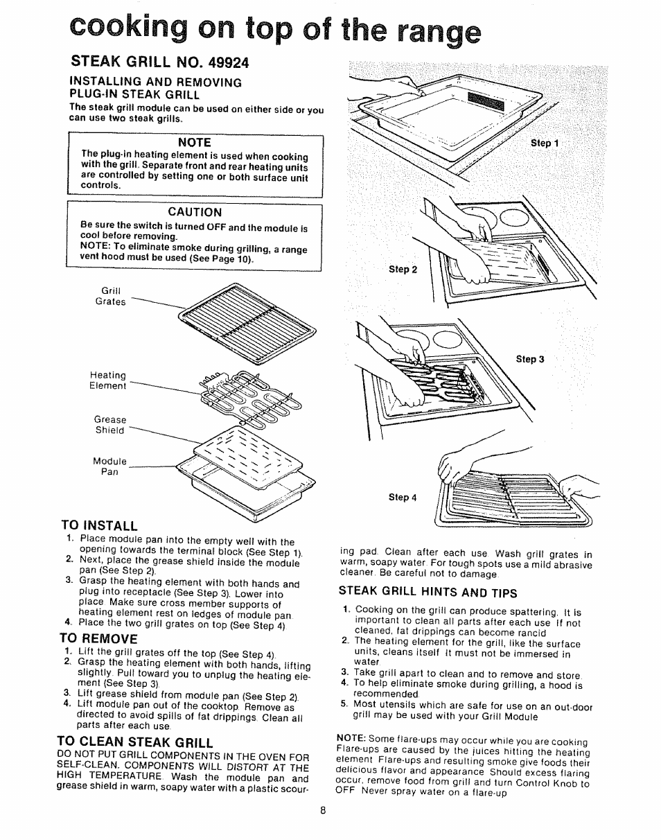 Cooking on top of the range, Installing and removing plug-in steak grill, To clean steak grill | Steak grill hints and tips | Kenmore Kitchen Grill User Manual | Page 8 / 32