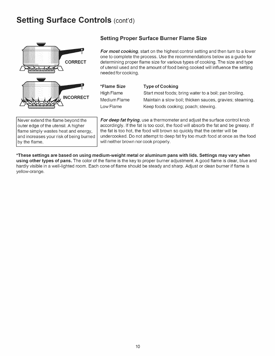 Flame size type of cooking, Setting surface controls, Setting proper surface burner flame size | Kenmore 790.7889 User Manual | Page 10 / 42