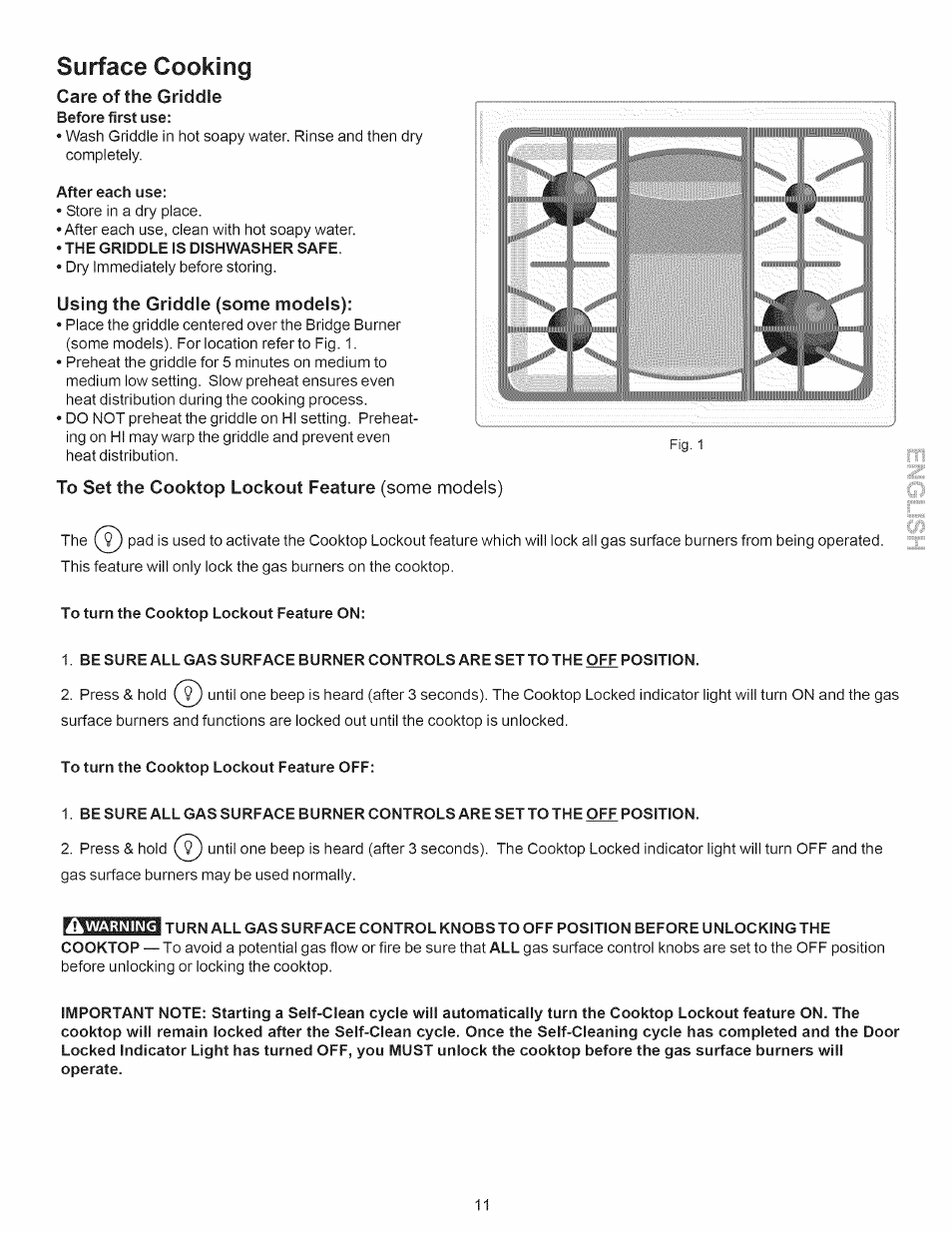 Surface cooking, After each use, The griddle is dishwasher safe | Using the griddle (some models), To set the cooktop lockout feature (some models), To turn the cooktop lockout feature on, To turn the cooktop lockout feature off | Kenmore 790.7889 User Manual | Page 11 / 42