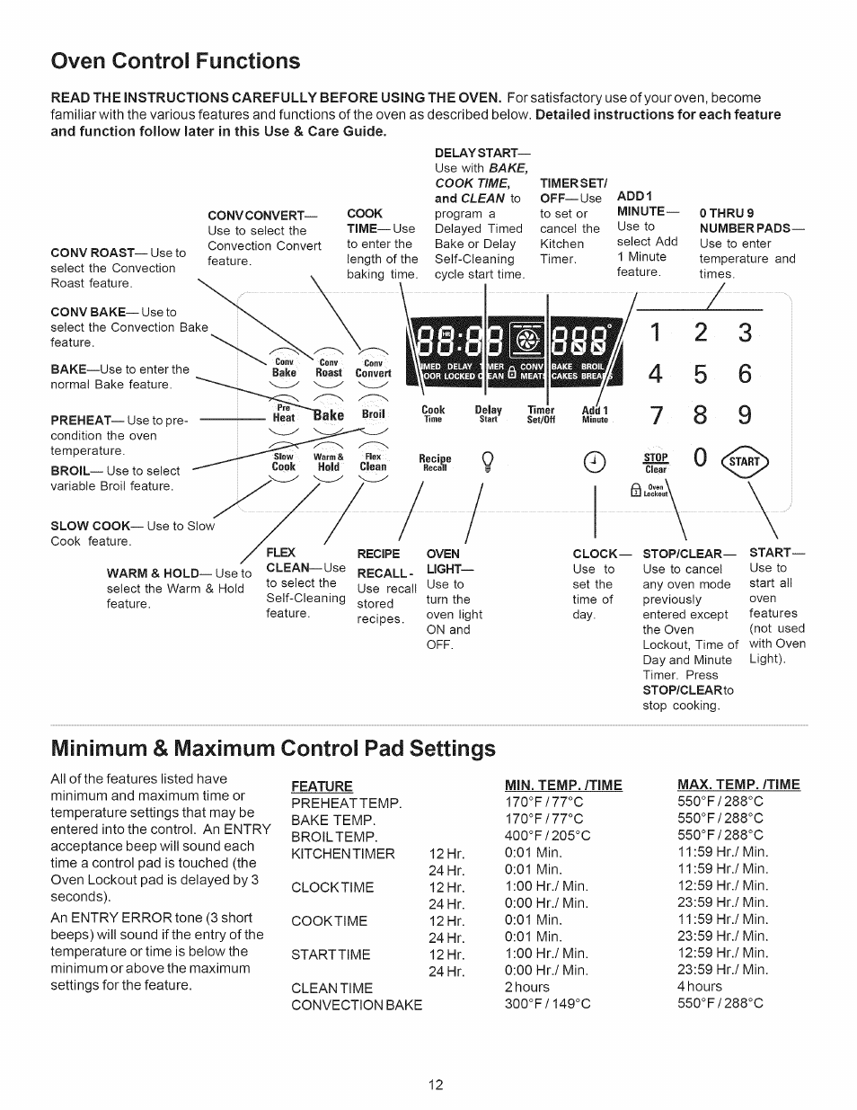 Oven control functions, Minimum & maximum control pad settings | Kenmore 790.7889 User Manual | Page 12 / 42