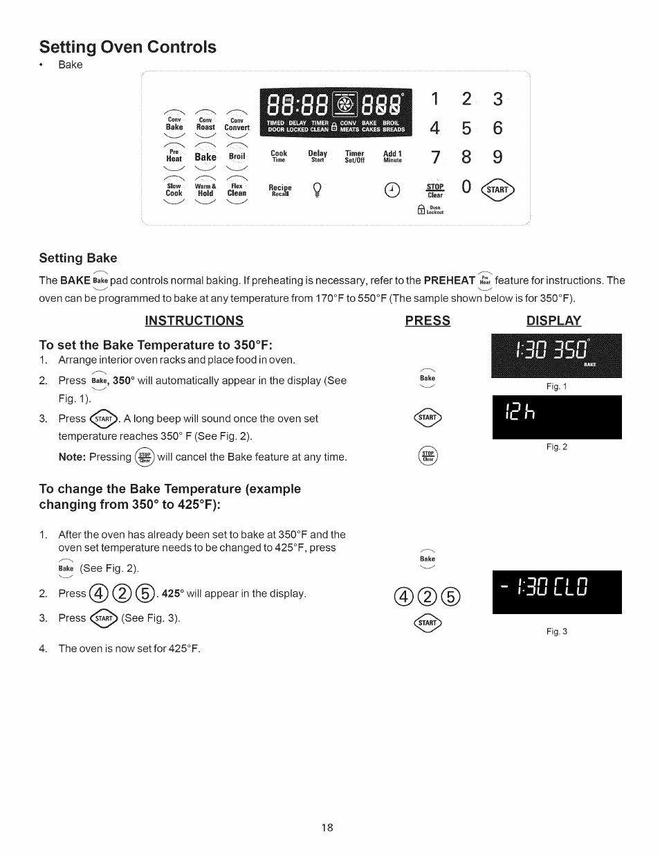 To set the bake temperature to 350°f, Press, Display | Setting oven controls, Setting bake, Instructions | Kenmore 790.7889 User Manual | Page 18 / 42