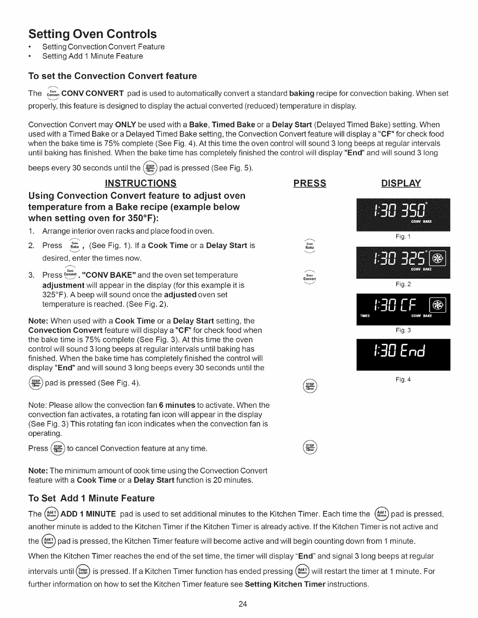 Setting oven controls, Press, To set add 1 minute feature | Setting surface controls -10, 3 0 o f | Kenmore 790.7889 User Manual | Page 24 / 42