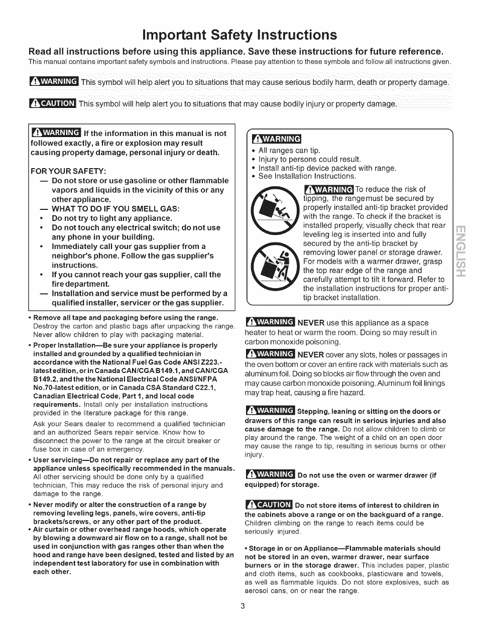 Important safety instructions, Warning | Kenmore 790.7889 User Manual | Page 3 / 42