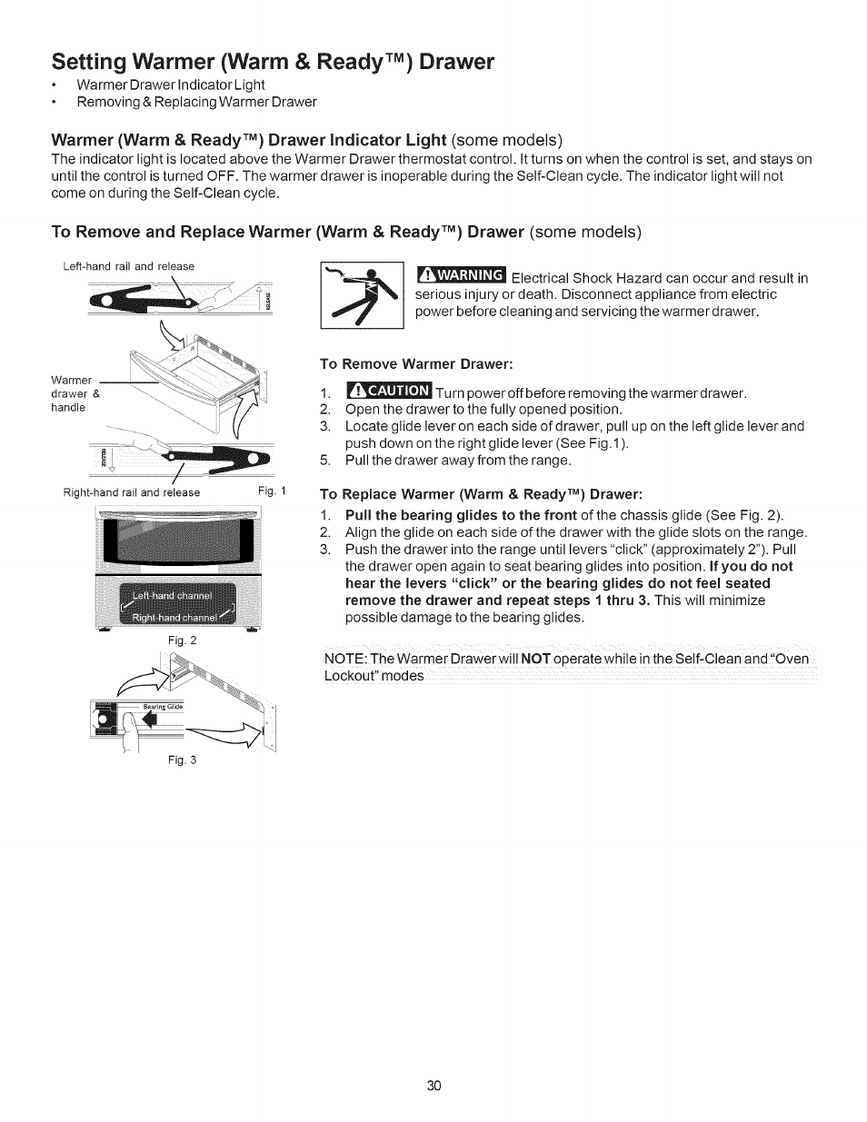 Setting warmer (warm & ready™) drawer, To remove warmer drawer, To replace warmer (warm & ready™) drawer | Kenmore 790.7889 User Manual | Page 30 / 42