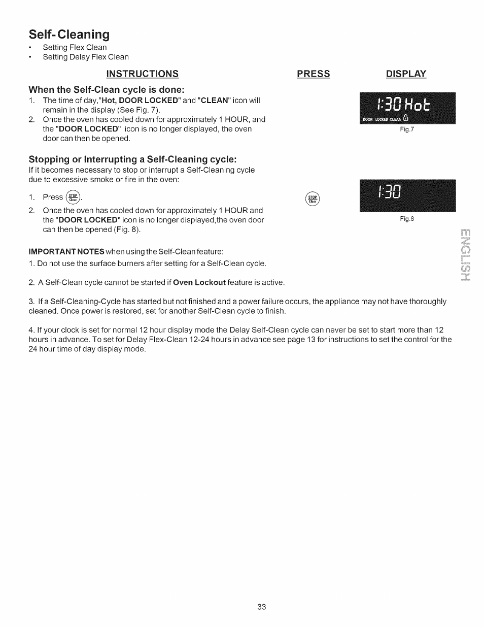 Seif-cleaning, Press, Display | Stopping or interrupting a self-cleaning cycle, 30 hot | Kenmore 790.7889 User Manual | Page 33 / 42