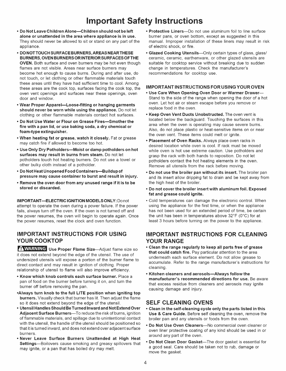 Important instructions for using your oven, Important instructions for using your cooktop, Important instructions for cleaning your range | Self cleaning ovens, Self cleaning -33, Important safety instructions, Instructions, Important, For using your cooktop | Kenmore 790.7889 User Manual | Page 4 / 42