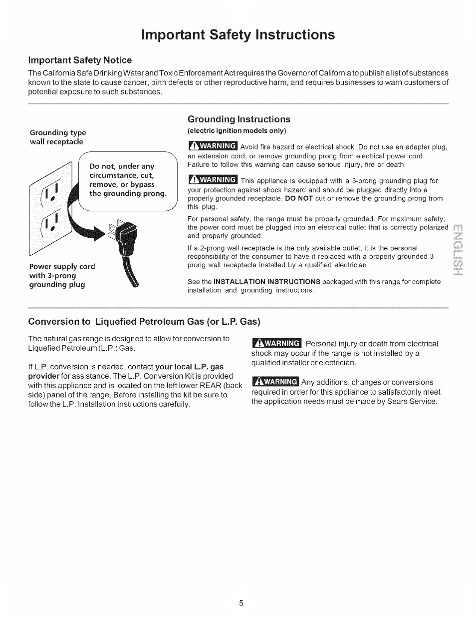Grounding instructions, Important safety instructions | Kenmore 790.7889 User Manual | Page 5 / 42