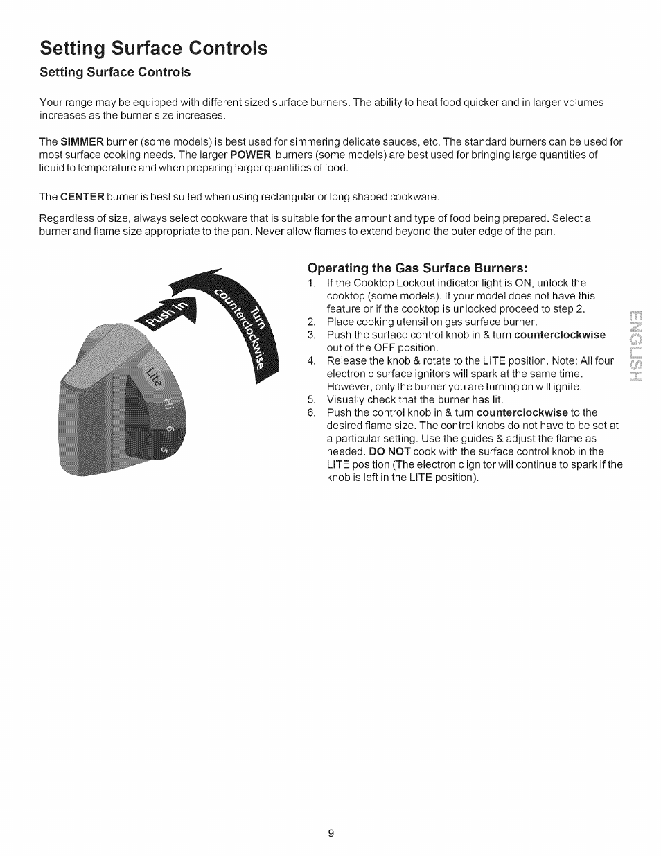 Operating the gas surface burners, Setting surface controls | Kenmore 790.7889 User Manual | Page 9 / 42
