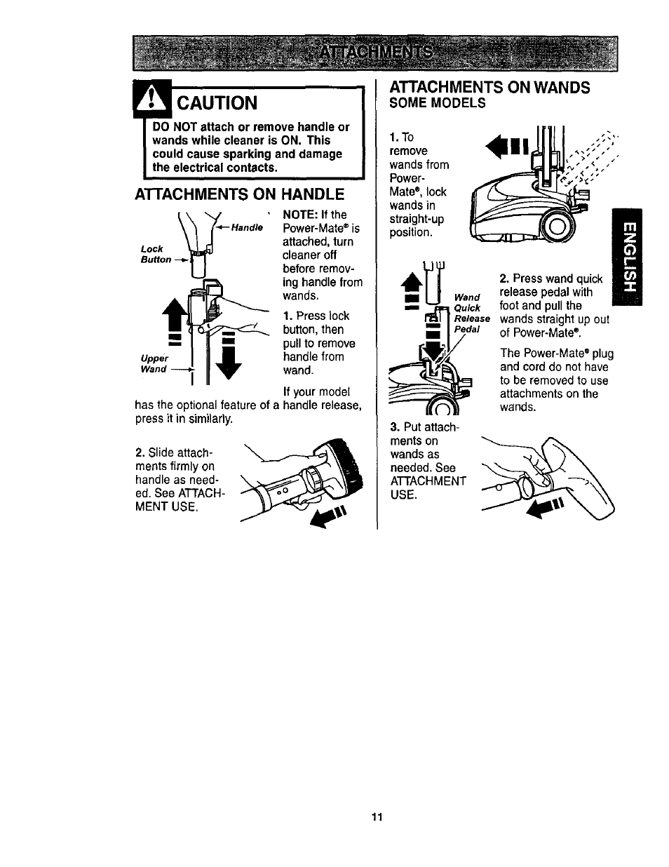 Caution, Attachments on handle, Attachments on wands | Some models | Kenmore ASPIRADORA 116.23513 User Manual | Page 11 / 40