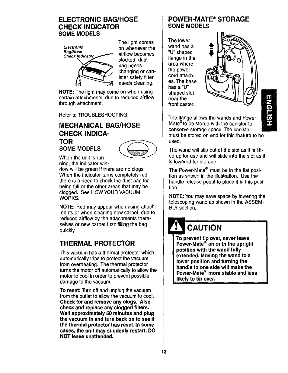 Electronic bag/hose check indicator some models, Mechanical bag/hose check indicator, Some models | Thermal protector, Power-mate® storage, Caution, Power-mate* care, Electronic bag/hose check indicator, Mechanical bag/hose check indica­ tor | Kenmore ASPIRADORA 116.23513 User Manual | Page 13 / 40